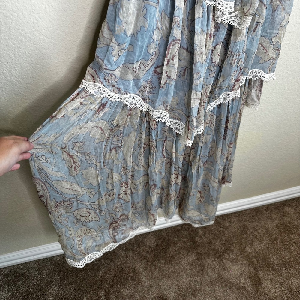Zara Floral Tiered Maxi Dress Blue Lace Trim Paisley Boho Spaghetti Strap Small - Picture 3 of 10